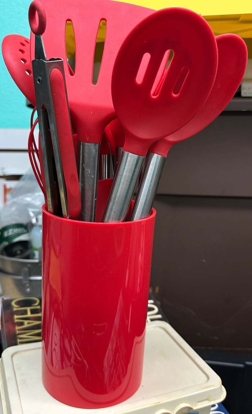 Red Silicone and Stainless Steel Kitchen Cooking Utensil Set with Holder